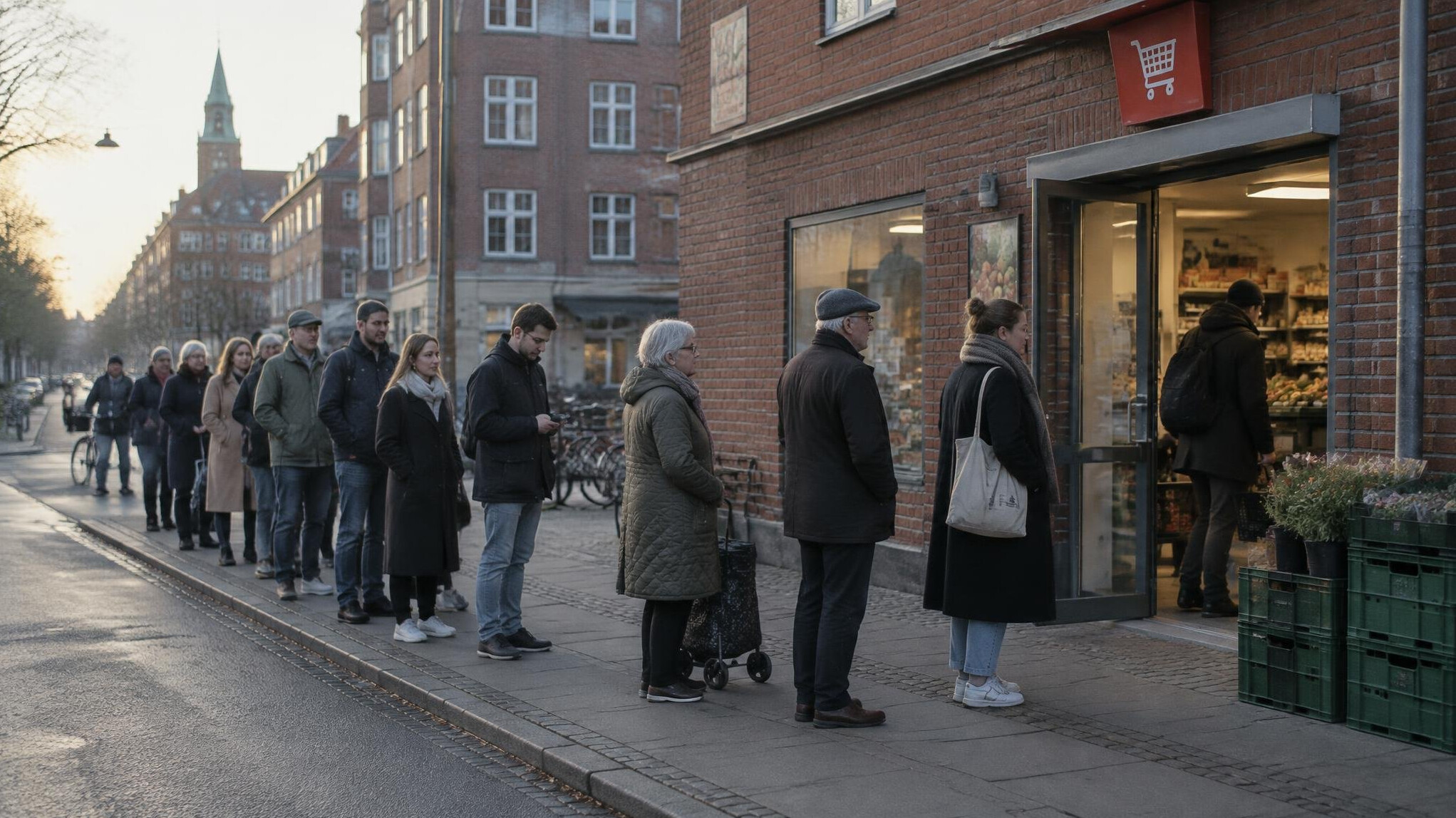People standing in a long queue outside a Danish supermarket in soft morning light