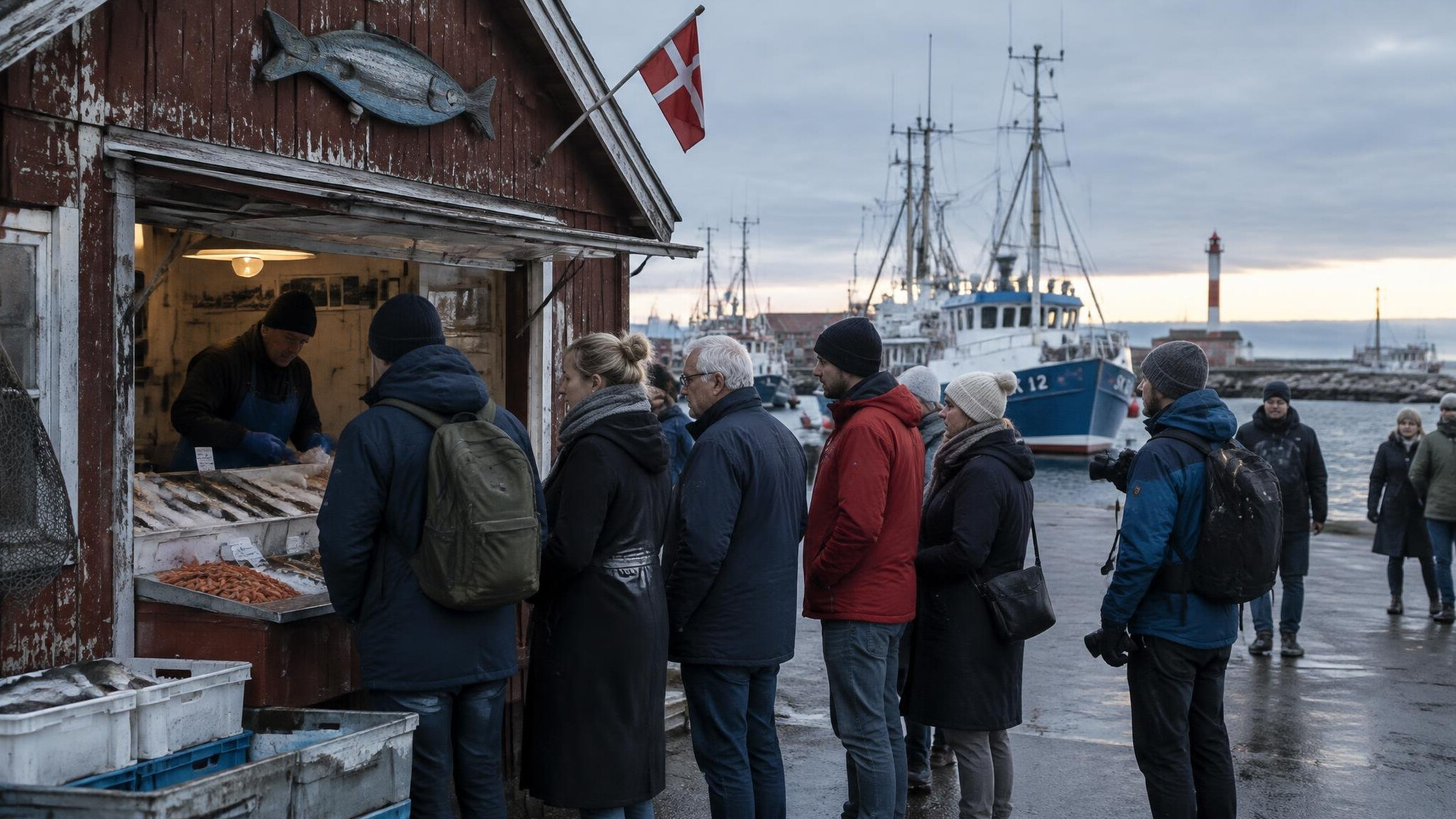 Customers queuing outside a fish market on the harbour in Skagen, Denmark