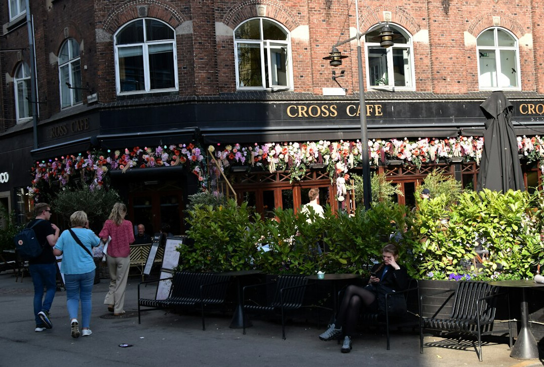A queue of people waiting outside in the evening light in a Danish town