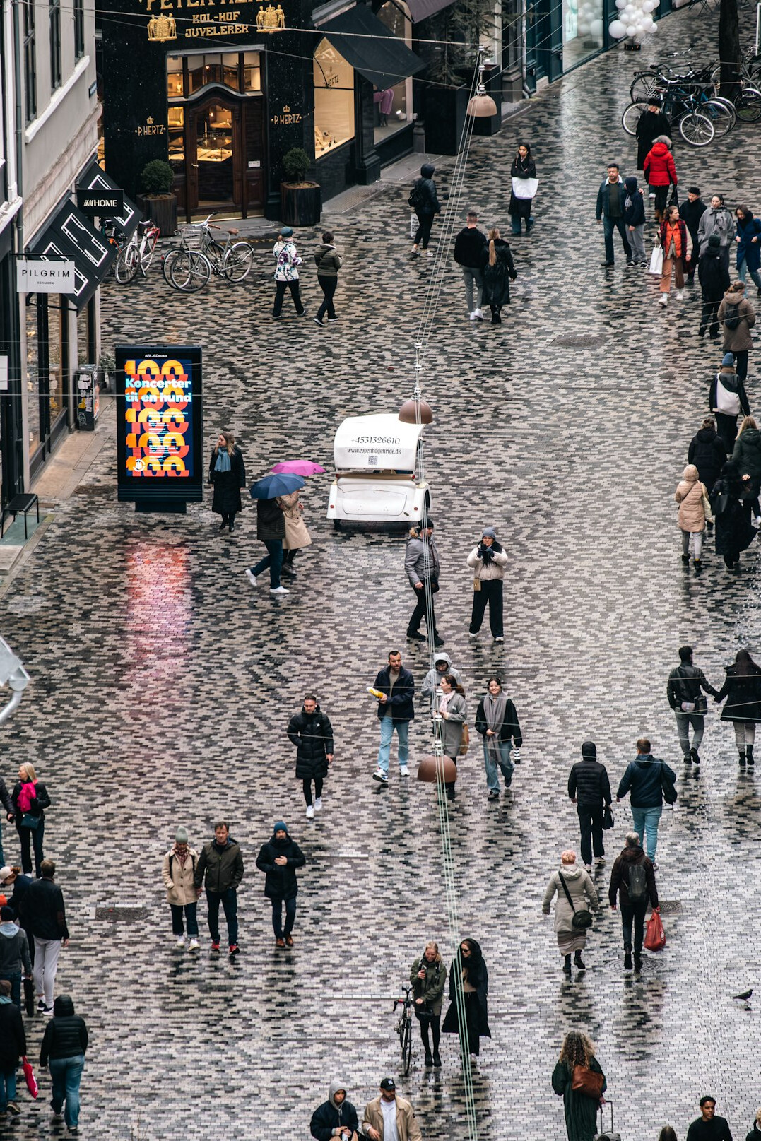 A person holding an umbrella while waiting in a rainy queue in Denmark
